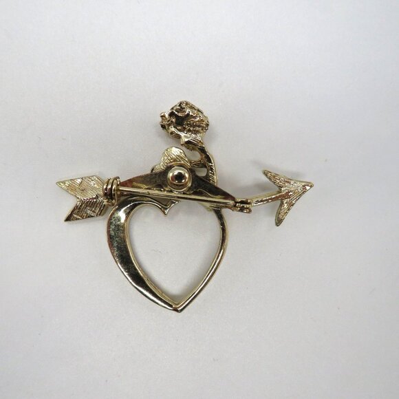 Valentine Brooch Cupid Heart Arrow Gold Tone Pin Red Rhinestones Love - Picture 10 of 12